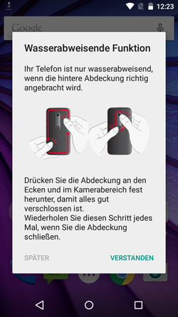 Nur wenn das Backcover richtig sitzt, ist das Moto G auch wasserdicht.