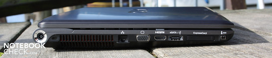 Linke Seite: AC, Kensington, Ethernet, VGA, HDMI, eSATA/USB, ExpressCard34, FireWire