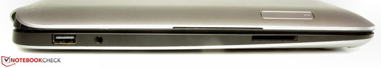 Linke Seite: USB 2.0, Audiokombo, Speicherkartenleser; auf der Rückseite des Tablets findet sich die Lautstärkewippe
