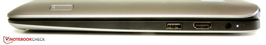 Rechte Seite: USB 3.0, HDMI, Netzanschluss; auf der Tabletrückseite befindet sich der Powerbutton.
