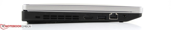 Linke Seite: Kensington, HDMI, USB 2.0, RJ45 Ethernet, Kopfhörer/Mikrofon Kombination