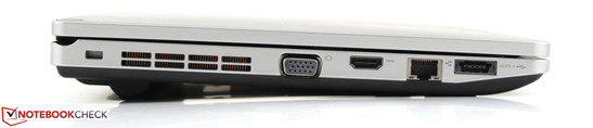 Linke Seite: 1 USB 2.0 + eSATA, RJ-45, HDMI, VGA, Kensington Lock