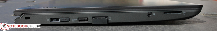 Kensington Lock, AC mit One-Link Dockingport, Charge USB 3.0, SimCard-Slot (wenn Modem vorhanden), 3,5-mm-Audio-Klinke kombiniert, Kartenleser