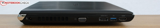 Linke Seite: AC, VGA, eSATA/USB 2.0 Kombi, USB 3.0, HDMI