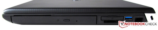 Rechte Seite: DVD, SmartCard-Reader, ExpressCard 34mm, Kartenleser, USB 3.0, 2 x USB 2.0