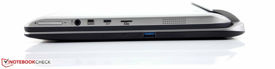 rechte Seite (auf Tasten-Dock): Lautstärke-Wippe, Kopfhörer-Mikrofon-Kombi, Micro-HDMI, Micro-A-USB, Kartenleser-Micro-SDHC, Lautsprecher; Dock: USB 3.0
