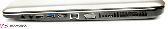 rechte Seite: Kopfhörerausgang, Mikrofoneingang, 2x USB 3.0, HDMI, Ethernet-Steckplatz, VGA-Ausgang