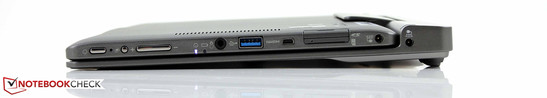 rechts: Power On/Off, Rotation-Lock, Lautstärkewippe, Kopfhörer/Mikrofon kombiniert, USB 3.0, Micro HDMI, Kartenleser SD, miniSD, microSD (mit Adapter), SDHC (32 GB), SDXC (64 GB mit UHS-I), Netzteil