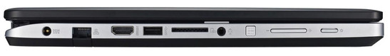 Linke Seite: Netzanschluss, Ethernet-Steckplatz, HDMI, USB 3.0, Speicherkartenleser, Audiokombo, Home-Button, Lautstärkewippe, Powerbutton (Bild: Asus)