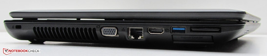 Linke Seite: Steckplatz für ein Kensington-Schloss, VGA-Ausgang, Gigibit-Ethernet-Anschluss, HDMI, USB 3.0, Speicherkartenlesegerät, ExpressCard-Steckplatz (34mm)