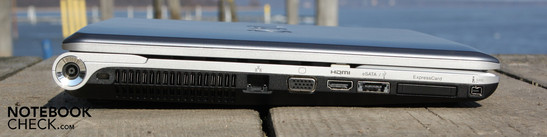Linke Seite: AC, Kensington, Ethernet, VGA, HDMI, eSATA/USB, ExpressCard34, FireWire