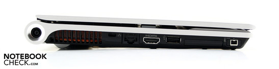 Linke Seite: AC, Kensington, RJ45, HDMI, USB 2.0, ExpressCard34, FireWire S400