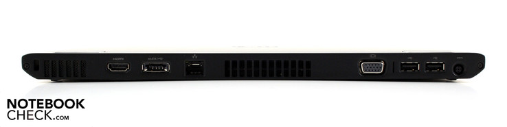 Rückseite: Kensington, HDMI, eSATA/USB, Ethernet, VGA, 2 x USB 2.0, AC