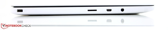 linke Seite: Netzteil mehrpolig (7 Kontakte, 19 V), microSD, MicroHDMI, Kopfhörer-Mikrofon-Kombi