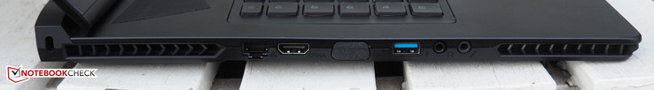 linke Seite: Kensington Lock, RJ45-LAN, Surround-Port, VGA-Dummy, USB 3.0, Kopfhörer, Mikrofon