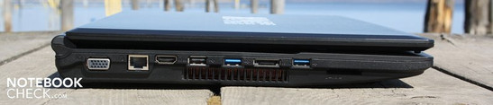 Linke Seite: VGA, Gigabit-LAN, HDMI, 1x USB 2.0, eSATA, 2x USB 3.0, Kartenleser