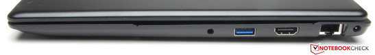 Rechte Seite: Audiokombo, USB 3.0, HDMI, Gigabit-Ethernet-Steckplatz, Netzanschluss.