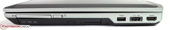 Rechte Seite: ExpressCard, Funk-Schalter, optisches Laufwerk, USB 3.0, eSATA/ USB 2.0, HDMI
