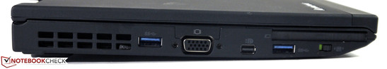 Linke Seite: USB 3.0, VGA, Mini-DisplayPort, USB 3.0, ExpressCard/54, Funkschalter