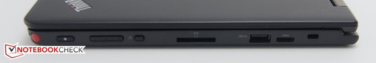 rechts: Digitizer, Power-Button, Lautstärkeregelung, Rotationssperre, Kartenleser, USB 3.0, Mini-HDMI, Schloss