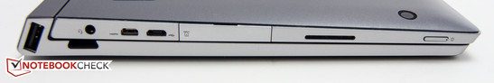Linke Seite: USB 2.0 (Dock), Kopfhöreranschluss, Micro-HDMI, Micro-USB,  MicroSD-Kartenleser (SIM-Schacht nur in einigen Ländern), Power-Button