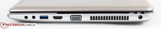 rechts: 1x 3,5-mm-Kopfhörer, 1x 3,5-mm-Mikrofon, HDMI-Ausgang, VGA-Ausgang, Netzkabelstecker