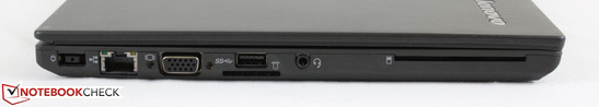 Linke Seite: Stromanschluss, Gigabit Ethernet, VGA-out, USB 3.0, SD-Kartenleser, 3,5 mm Kombi-Audio, Smart-Card-Leser