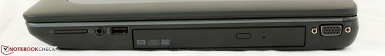 rechts: SD-Kartenleser, kombinierter 3,5-mm-Audioanschluss, 1x USB 3.0, optisches Laufwerk, VGA-Ausgang