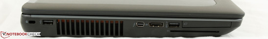 links: Kensington Lock, 1x USB 2.0, Thunderbolt, DisplayPort, 1x USB 3.0, 54-mm-ExpressCard, SmartCard