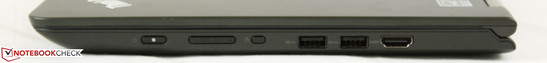 Rechts: Ein-/Ausschalter, Lautstärkewippe, Tastensperre, 2x USB 3.0, HDMI.