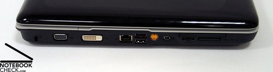 Anschlüsse links: Kensington Lock, VGA, DVI-D, LAN, 2x USB, S-Video, Firewire, Cardreader, ExpressCard