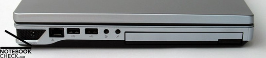 Ansicht links: Netzanschluss, LAN, 2x USB 2.0, Audio Ports (Mikrofon, Kopfhörer), DVD Laufwerk