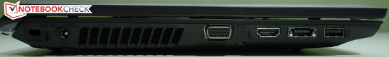 Linke Seite: Kensington Lock, Stromanschluss, VGA, HDMI, 1x e-sata/USB 2.0 Kombi, 1x USB 2.0