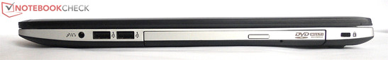 rechte Seite: Mikrofon-/Kopfhörer-Kombianschluss, 2x USB 2.0, DVD-LW und Kensington Lock