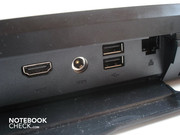 Per Klappe sind auf der Rückseite HDMI, DC-in, 2x USB 2.0 und RJ-45 Gigabit-Lan verfügbar