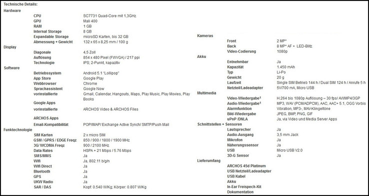 Technische Spezifikationen Archos 45d Platinum Smartphone (Herstellerangaben)