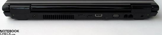 Rückseite: Netzanschluss, Lüfter, AVin, HDMI, eSATA, VGA-Out, Modem, LAN, Kensington Lock