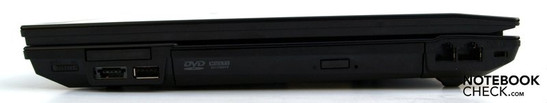 Rechte Seite: WiFi-Schalter, ExpressCard/34, USB/eSATA-Kombi, USB-2.0, optisches LW, RJ-11 Modem, RJ-45 LAN, Kensington Security Slot