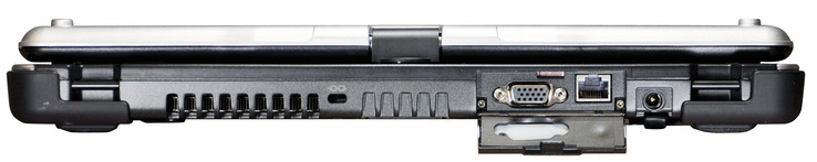 Rückseite: Steckplatz für ein Kensington Schloss, VGA-Ausgang, Ethernet, Netzanschluss