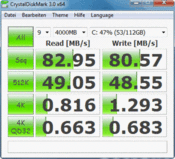 Crystal Disk Mark 3.0: 83 MByte/s Lesen seq.