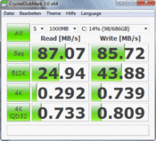 Crystal DiskMark 3.0: 87 MB/s Sequential Read