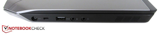 linke Seite: Stromeingang, Noble Lock, USB 3.0, Mikrofon, Kopfhörer