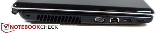 Linke Seite: Kensington Lock, VGA, LAN, USB 3.0, HDMI