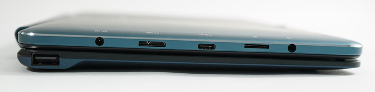Linke Seite: USB 2.0 am Keyboard, Headset, MicroSD, USB-C (3.0), Mini-USB 3.0 (mit Adapter), Stromanschluss
