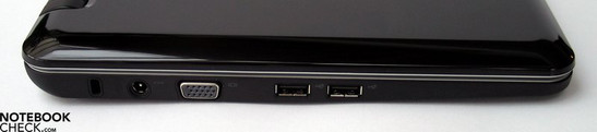 Linke Seite: Kensington Lock, Netzanschluss, VGA-Out, 2x USB 2.0