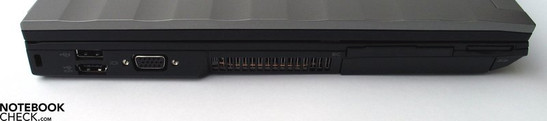 Linke Seite: Kensington Lock, 2x USB 2.0 / eSATA, VGA-Out, ExpressCard, SD Cardreader