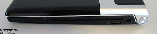 Rechte Seite: Express Card, Cardreader, Firewire, Slot-In LW, eSATA/USB, Stromversorgung