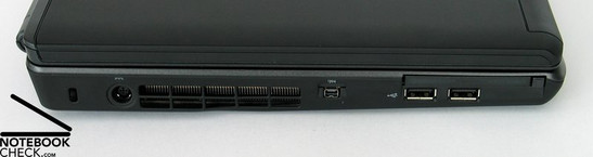 Linke Seite: Kensington Lock, Netzanschluss, Lüfter, Firewire, 2x USB 2.0, ExpressCard