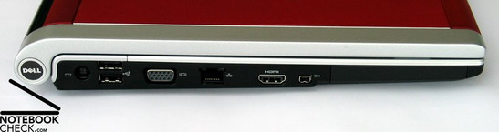 Linke Seite: Netzanschluss,  2x USB 2.0, VGA-Out, LAN, HDMI, Firewire