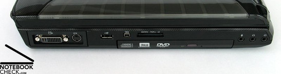 Linke Seite: DVI-I, S-Video Out, USB, Firewire, Cardreader, DVD Laufwerk, Audio Ports